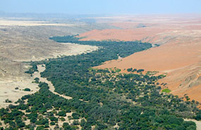 Kuiseb Canyon, links die Geröll-Namib, rechts die roten Sanddünen der Namib